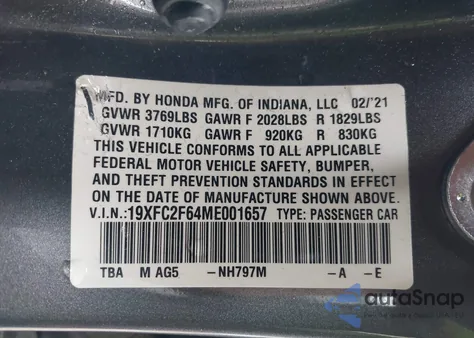 2021 Honda Civic Lx из США, поврежденный, VIN 19XFC2F64ME001657